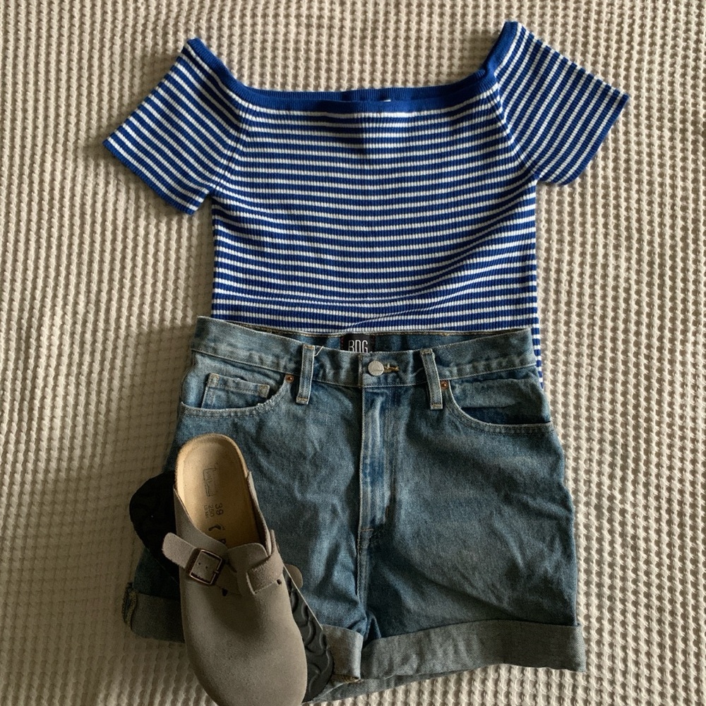 Madewell Blue & White Striped Off-Shoulder Top